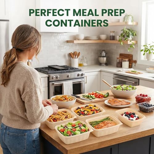 100 Piece (50 Pack) Meal Prep Containers with Lids, 28 oz Cornstarch Food Storage Containers Plant-based Lunch Box for Salad,BPA Free Plastic Take Out Containers Microwave and Freezer Safe - My Kitchen Products