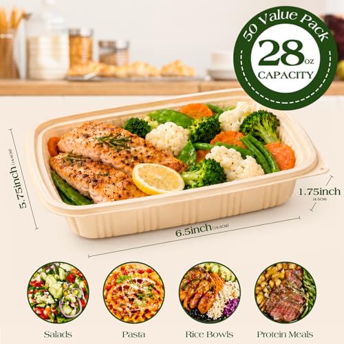 100 Piece (50 Pack) Meal Prep Containers with Lids, 28 oz Cornstarch Food Storage Containers Plant-based Lunch Box for Salad,BPA Free Plastic Take Out Containers Microwave and Freezer Safe - My Kitchen Products