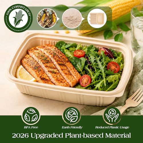 100 Piece (50 Pack) Meal Prep Containers with Lids, 28 oz Cornstarch Food Storage Containers Plant-based Lunch Box for Salad,BPA Free Plastic Take Out Containers Microwave and Freezer Safe - My Kitchen Products
