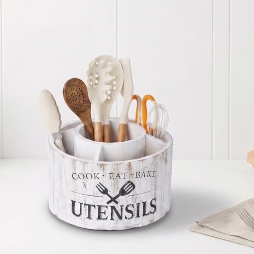 10.2 Inch Extra Large 360° Rotating Utensil Holder, Wooden Farmhouse Kitchen Tool Organizer with 5 Compartments, Lazy Susan Utensil Crock for Countertop, Anti-Slip Silent Base - Distressed White - My Kitchen Products