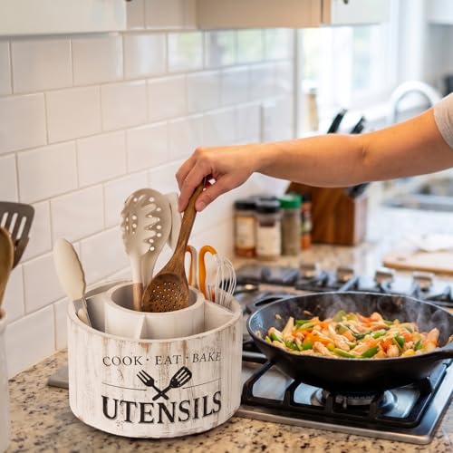 10.2 Inch Extra Large 360° Rotating Utensil Holder, Wooden Farmhouse Kitchen Tool Organizer with 5 Compartments, Lazy Susan Utensil Crock for Countertop, Anti-Slip Silent Base - Distressed White - My Kitchen Products