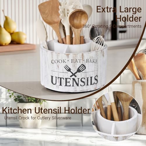 10.2 Inch Extra Large 360° Rotating Utensil Holder, Wooden Farmhouse Kitchen Tool Organizer with 5 Compartments, Lazy Susan Utensil Crock for Countertop, Anti-Slip Silent Base - Distressed White - My Kitchen Products
