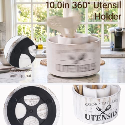 10.2 Inch Extra Large 360° Rotating Utensil Holder, Wooden Farmhouse Kitchen Tool Organizer with 5 Compartments, Lazy Susan Utensil Crock for Countertop, Anti-Slip Silent Base - Distressed White - My Kitchen Products