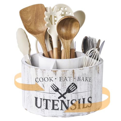 10.2 Inch Extra Large 360° Rotating Utensil Holder, Wooden Farmhouse Kitchen Tool Organizer with 5