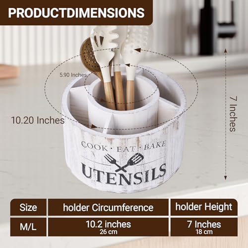 10.2 Inch Extra Large 360° Rotating Utensil Holder, Wooden Farmhouse Kitchen Tool Organizer with 5 Compartments, Lazy Susan Utensil Crock for Countertop, Anti-Slip Silent Base - Distressed White - My Kitchen Products