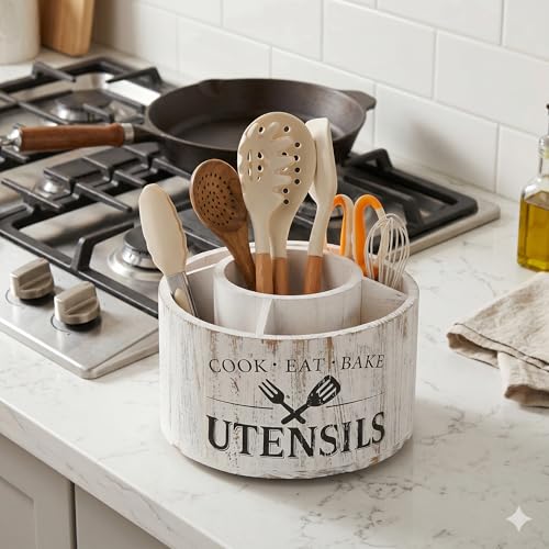 10.2 Inch Extra Large 360° Rotating Utensil Holder, Wooden Farmhouse Kitchen Tool Organizer with 5 Compartments, Lazy Susan Utensil Crock for Countertop, Anti-Slip Silent Base - Distressed White - My Kitchen Products