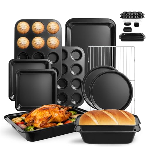 11-Piece Nonstick Baking Pans Set - Professional Grade Carbon Steel Bakeware with Premium Coating- Dishwasher Safe, Stackable, Oven Safe to 450°F (Black) - My Kitchen Products