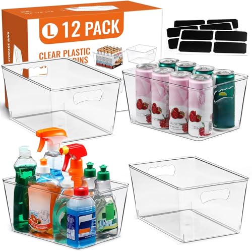 12 PACK LARGE Clear Storage Bins with Handles & Labels, Multiuse Plastic Pantry Organizer Bins for Home Kitchen
