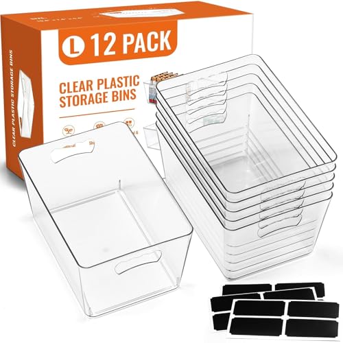 12 PACK LARGE Clear Storage Bins with Handles & Labels, Multiuse Plastic Pantry Organizer Bins for Home Kitchen, Fridge, Freezer, Cabinet, Closet, Bathroom, Shelf, Laundry, RV, Under Sink Organization - My Kitchen Products