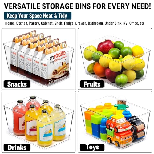 12 PACK LARGE Clear Storage Bins with Handles & Labels, Multiuse Plastic Pantry Organizer Bins for Home Kitchen, Fridge, Freezer, Cabinet, Closet, Bathroom, Shelf, Laundry, RV, Under Sink Organization - My Kitchen Products