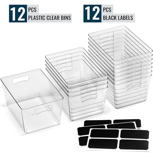 12 PACK LARGE Clear Storage Bins with Handles & Labels, Multiuse Plastic Pantry Organizer Bins for Home Kitchen, Fridge, Freezer, Cabinet, Closet, Bathroom, Shelf, Laundry, RV, Under Sink Organization - My Kitchen Products
