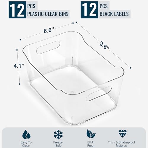 12 PACK Multiuse Clear Plastic Storage Bins for Organizing w/ Labels - Home, Kitchen, Bathroom, Office, Pantry Cabinet Shelf Organizer Bins - SOHO Collection, RV, Fridge Organization Containers - My Kitchen Products