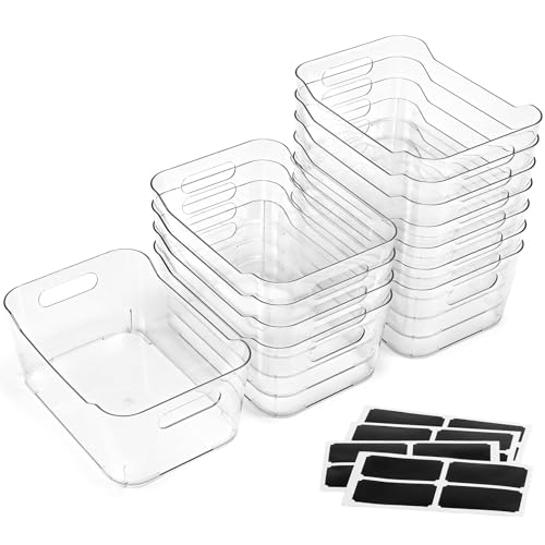 12 PACK Multiuse Clear Plastic Storage Bins for Organizing w/ Labels, Home, Kitchen, Bathroom