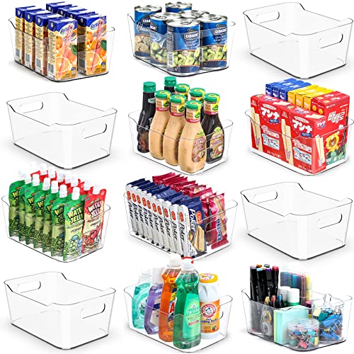 12 PACK Multiuse Clear Plastic Storage Bins for Organizing w/ Labels - Home, Kitchen, Bathroom, Office, Pantry Cabinet Shelf Organizer Bins - SOHO Collection, RV, Fridge Organization Containers - My Kitchen Products