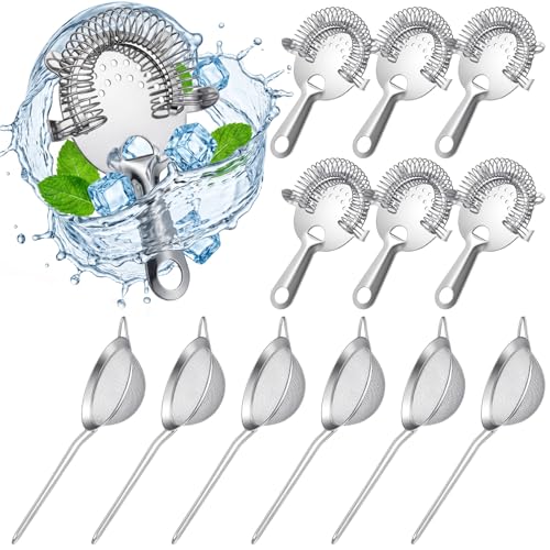12-Piece Stainless Steel Cocktail Strainer Set，6 Fine Mesh Cone Sieves & 6 Four-Prong Hawthorne Strainers for Professional