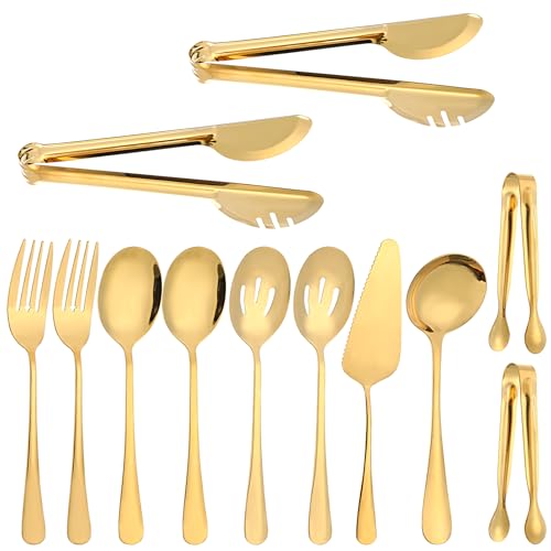 12Pcs Gold Serving Utensils Set, Stainless Steel Serving Utensils Set includes Serving Spoon, Serving Solted Spoons