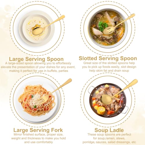 12Pcs Gold Serving Utensils Set, Stainless Steel Serving Utensils Set includes Serving Spoon, Serving Solted Spoons, Fork, Sugar Tongs, Food Tongs, Cake Spatula, Soup Spoon for Parties, Buffet - My Kitchen Products
