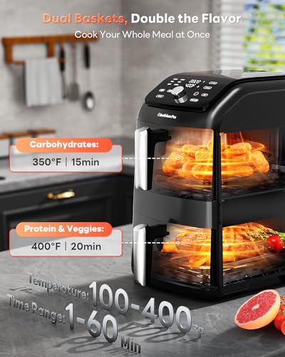 12QT Large Double Air Fryer, Family-Size Dual Airfryer with 2 Baskets, SyncHeat Even Heating, Stacked Compact Design, Smart Finish & Match Cook, PFAS-Free Nonstick, Dishwasher-Safe, Black - My Kitchen Products