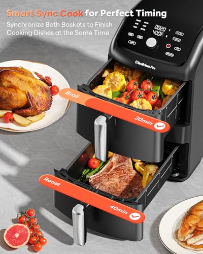 12QT Large Double Air Fryer, Family-Size Dual Airfryer with 2 Baskets, SyncHeat Even Heating, Stacked Compact Design, Smart Finish & Match Cook, PFAS-Free Nonstick, Dishwasher-Safe, Black - My Kitchen Products