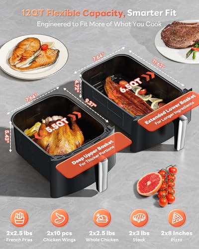 12QT Large Double Air Fryer, Family-Size Dual Airfryer with 2 Baskets, SyncHeat Even Heating, Stacked Compact Design, Smart Finish & Match Cook, PFAS-Free Nonstick, Dishwasher-Safe, Black - My Kitchen Products