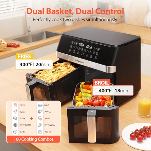 12QT Large Dual Air Fryer, 10-in-1 Double Zone Airfryer with 2×6QT Baskets, 60° Easy-Panel with Full Touchscreen, SyncCook Function, Viewing Window, Nonstick & Dishwasher Safe, 2 Dishes at Once, Black - My Kitchen Products