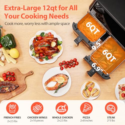 12QT Large Dual Air Fryer, 10-in-1 Double Zone Airfryer with 2×6QT Baskets, 60° Easy-Panel with Full Touchscreen, SyncCook Function, Viewing Window, Nonstick & Dishwasher Safe, 2 Dishes at Once, Black - My Kitchen Products