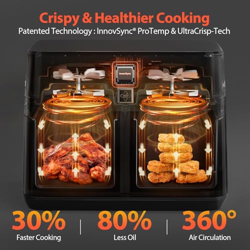 12QT Large Dual Air Fryer, 10-in-1 Double Zone Airfryer with 2×6QT Baskets, 60° Easy-Panel with Full Touchscreen, SyncCook Function, Viewing Window, Nonstick & Dishwasher Safe, 2 Dishes at Once, Black - My Kitchen Products
