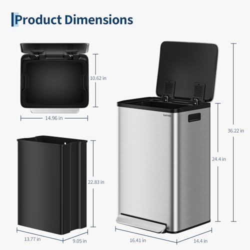 13 Gallon Trash Can Kitchen Garbage Bin with Removable Inner Buckets 50L Stainless Steel Step-on Metal Large Waste Cans with Soft Close Lid Silver - My Kitchen Products