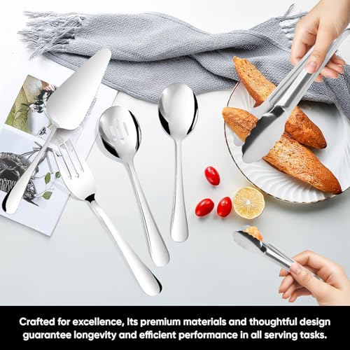 14PCS Serving Utensils - Hostess Serving Utensils Set, Premium Stainless Steel 8.7 inch Serving Utensils, Slotted Spoons, Fork, Tongs, Cake Pie Server for Buffet, Wedding, Dinner (Silver) - My Kitchen Products