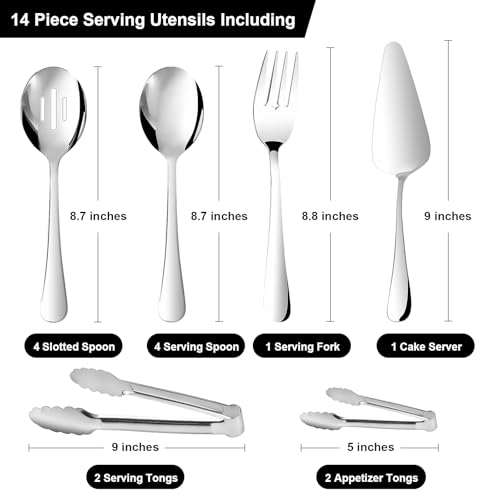 14PCS Serving Utensils - Hostess Serving Utensils Set, Premium Stainless Steel 8.7 inch Serving Utensils, Slotted Spoons, Fork, Tongs, Cake Pie Server for Buffet, Wedding, Dinner (Silver) - My Kitchen Products
