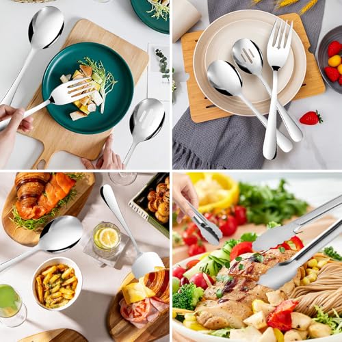 14PCS Serving Utensils - Hostess Serving Utensils Set, Premium Stainless Steel 8.7 inch Serving Utensils, Slotted Spoons, Fork, Tongs, Cake Pie Server for Buffet, Wedding, Dinner (Silver) - My Kitchen Products
