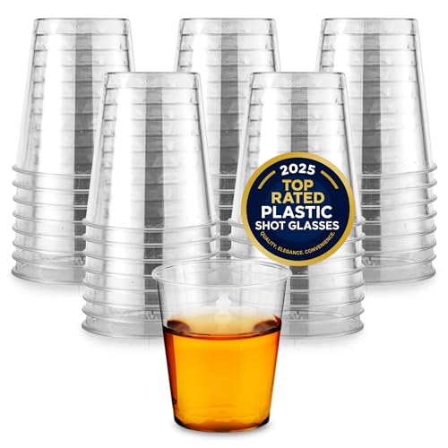 1.5 oz Shot Glasses, 100 Mini Plastic Shot Glasses (1.5oz) Clear Disposable Cups for Jello Shots, Wine Tasting