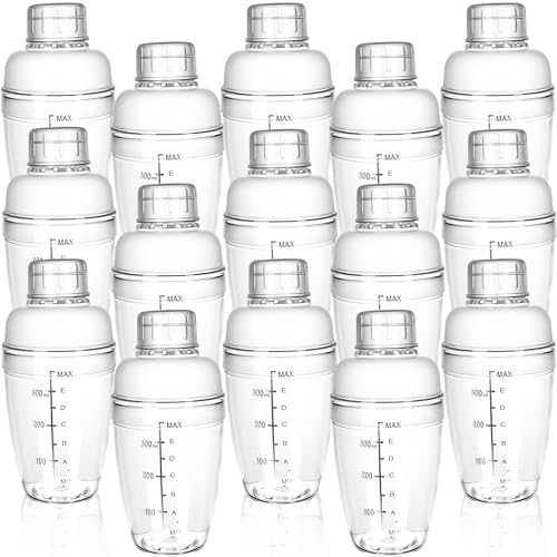 15 Pcs Plastic Cocktail Shaker 350ML/ 12 OZ Clear Plastic Hand Drink Mixer with Scales and Strainer for Drinks Milk Tea