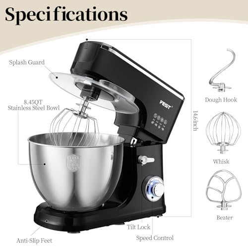 1500W 8.45QT Stand Mixer, 6-Speed Electric Dough Mixer with Whisk, Dough Hook & Beater, Large Capacity Kitchen Mixer for Baking Bread, Cakes, Salad and Cookies (Black) - My Kitchen Products