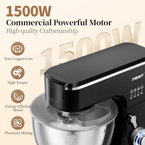 1500W 8.45QT Stand Mixer, 6-Speed Electric Dough Mixer with Whisk, Dough Hook & Beater, Large Capacity Kitchen Mixer for Baking Bread, Cakes, Salad and Cookies (Black) - My Kitchen Products