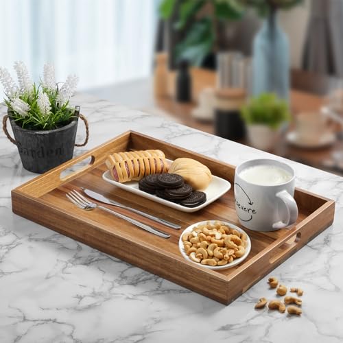17 Inch Acacia Wood Serving Tray with Handles - Large Wooden Tray for Ottoman, Breakfast in Bed, Dinner, Coffee Table - Decorative Rectangular Tray for Living Room Bedroom Entryway and Kitchen - My Kitchen Products