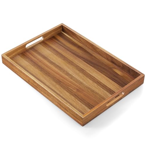 17 Inch Acacia Wood Serving Tray with Handles, Large Wooden Tray for Ottoman, Breakfast in Bed, Dinner, Coffee