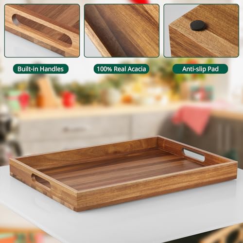17 Inch Acacia Wood Serving Tray with Handles - Large Wooden Tray for Ottoman, Breakfast in Bed, Dinner, Coffee Table - Decorative Rectangular Tray for Living Room Bedroom Entryway and Kitchen - My Kitchen Products