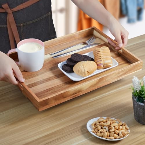 17 Inch Acacia Wood Serving Tray with Handles - Large Wooden Tray for Ottoman, Breakfast in Bed, Dinner, Coffee Table - Decorative Rectangular Tray for Living Room Bedroom Entryway and Kitchen - My Kitchen Products