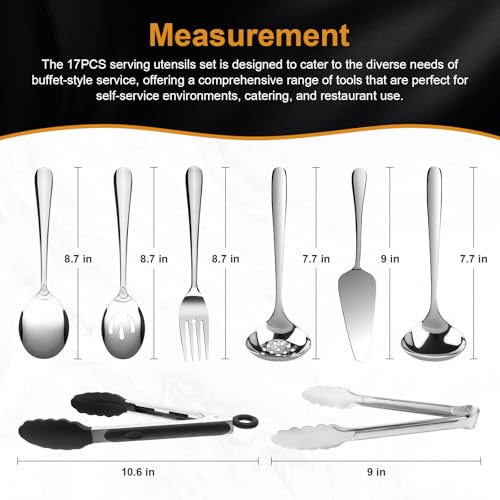 17PCS Serving Utensils Set Flatware, Stainless Steel Serveware Large Serving Spoons, Slotted Spoons, Forks, Tongs, Cake Server,Soup and Skimmer Spoon for Buffet, Catering, Party, Dinner (Silver) - My Kitchen Products