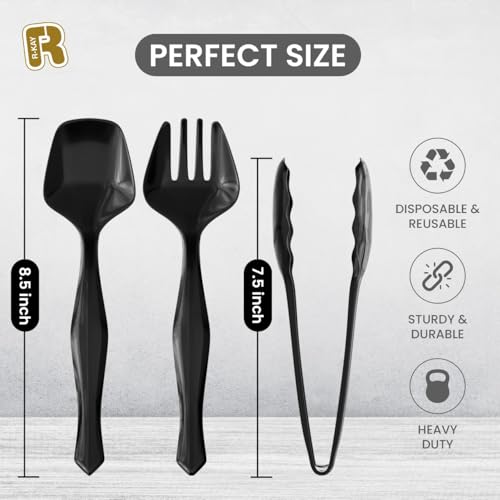 18 Pcs Black Plastic Serving Utensils Set - 6 Black Plastic Serving Spoons, 6 Black Tongs And 6 Forks - Heavy Duty Black Disposable Serving Utensils Set For Parties - My Kitchen Products