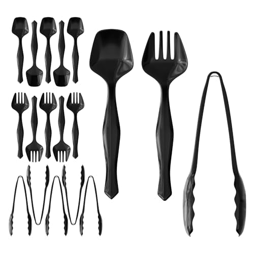 18 Pcs Black Plastic Serving Utensils Set, 6 Black Plastic Serving Spoons, 6 Black Tongs And 6