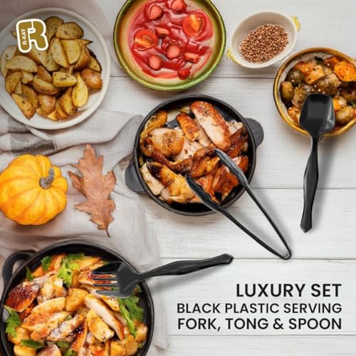 18 Pcs Black Plastic Serving Utensils Set - 6 Black Plastic Serving Spoons, 6 Black Tongs And 6 Forks - Heavy Duty Black Disposable Serving Utensils Set For Parties - My Kitchen Products