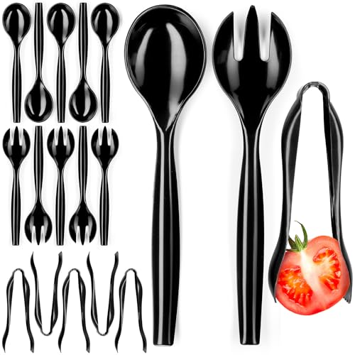 18 Pcs Black Plastic Serving Utensils Set, Heavy Duty Disposable Serving Spoons, Forks & Tongs
