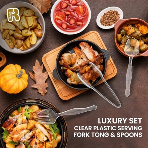 18 Pcs Clear Plastic Serving Utensils Set - 6 Clear Plastic Serving Spoons, 6 Tongs And 6 Forks - Heavy Duty Disposable Serving Utensils Set For Parties - My Kitchen Products