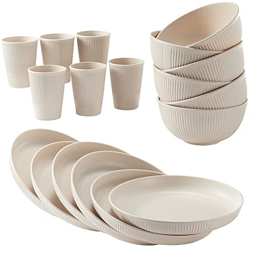 18pcs Wheat Straw Dinnerware Sets HXYPN Unbreakable Reusable Dinnerware Set Kitchen Cups Plates and Bowls Sets Dishwasher Microwave Safe Plates - My Kitchen Products