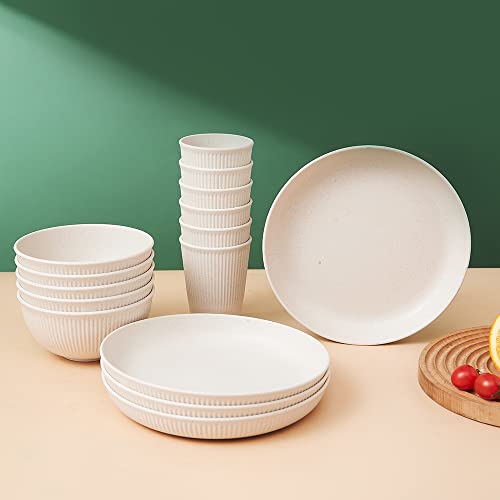 18pcs Wheat Straw Dinnerware Sets HXYPN Unbreakable Reusable Dinnerware Set Kitchen Cups Plates and Bowls Sets Dishwasher Microwave Safe Plates - My Kitchen Products