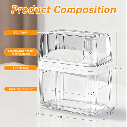 2-in-1 Trash Bag Holder Laundry & Dishwasher Pods Container,Garbage Bag Dispenser with Removable Lids,Kitchen Organizer and Under Sink Storage Box - My Kitchen Products