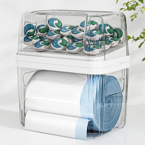 2-in-1 Trash Bag Holder Laundry & Dishwasher Pods Container,Garbage Bag Dispenser with Removable Lids,Kitchen Organizer