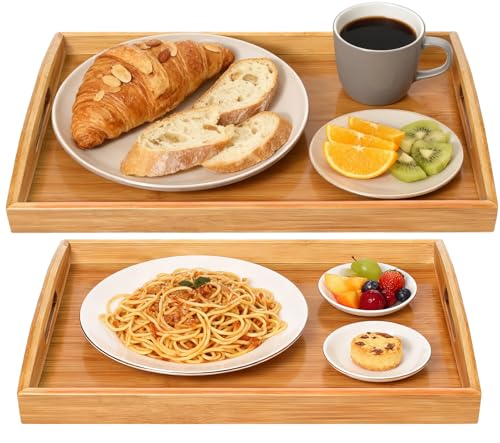 2-Pack Bamboo Serving Trays with Handles, 16" and 13", Decorative Food Tray Set for Breakfast, Coffee, Tea, Snacks, Ideal for Coffee Table, Ottoman, Living Room & Kitchen - My Kitchen Products